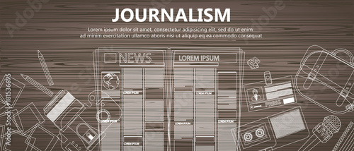 Journalism flat banner. Equipment for journalist on desk. Flat vector illustration