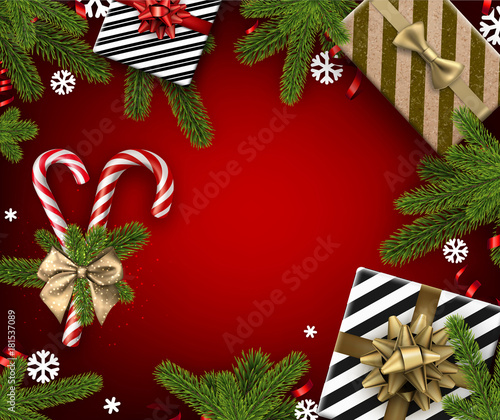 Red Christmas background with candy and gifts.