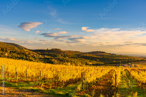 Tuscany landscape at sunset in autumn. Chianti wine region, Italy.