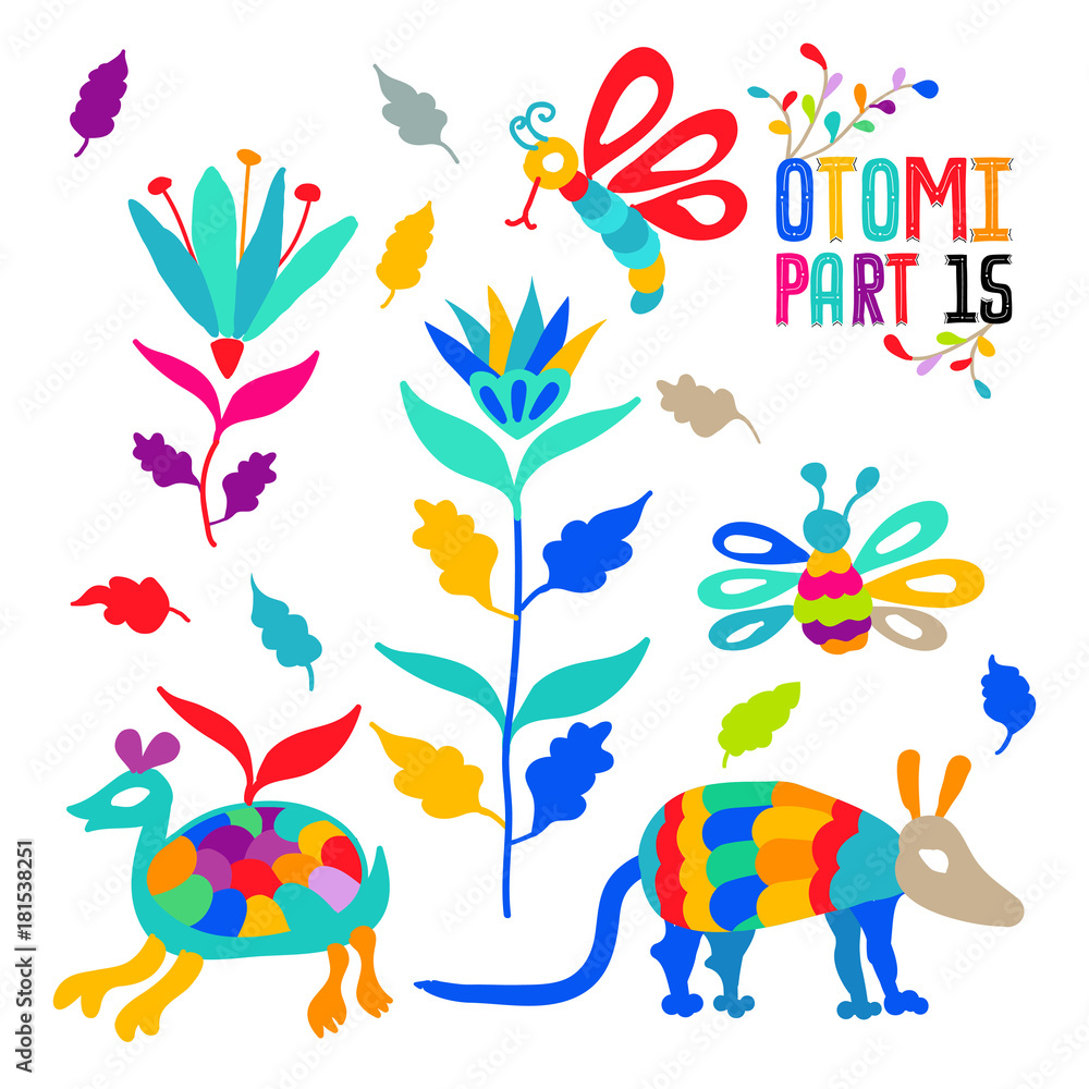 Vector folk Mexican Otomi Style embroidery Pattern set. Folk embroidery ornament elements.