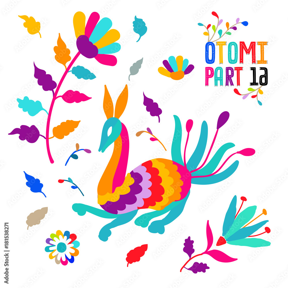 Obraz premium Vector folk Mexican Otomi Style embroidery Pattern set. Folk embroidery ornament elements.