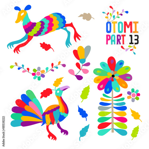 Vector folk Mexican Otomi Style embroidery Pattern set. Folk embroidery ornament elements.
