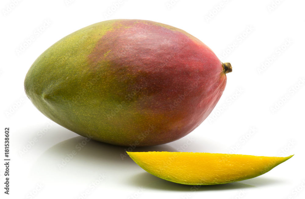 Mango isolated on white background one whole one slice. Mango isolated on white background one whole one slice.