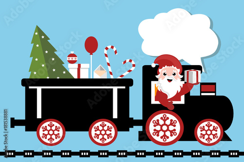 cartoon christmas scene with santa claus driving locomotive of the train, delivering gifts