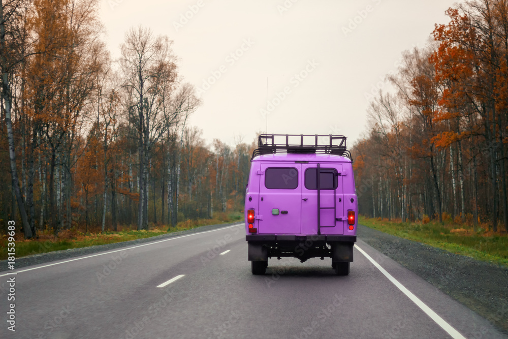 A lilac van driving on a road along the forest