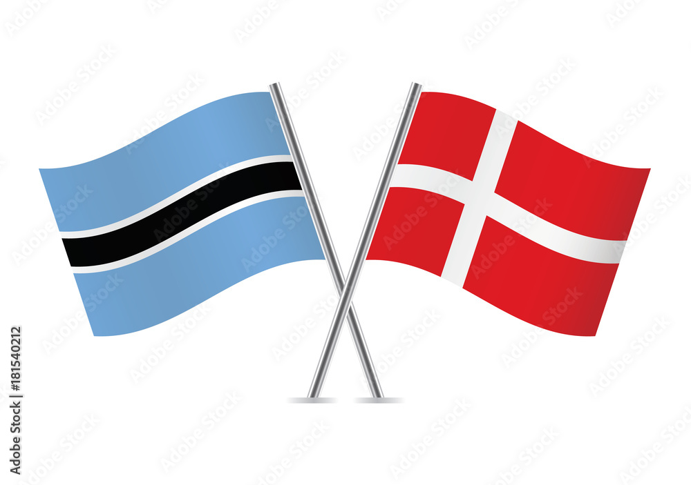 Obraz premium Botswana and Denmark flags.Vector illustration.