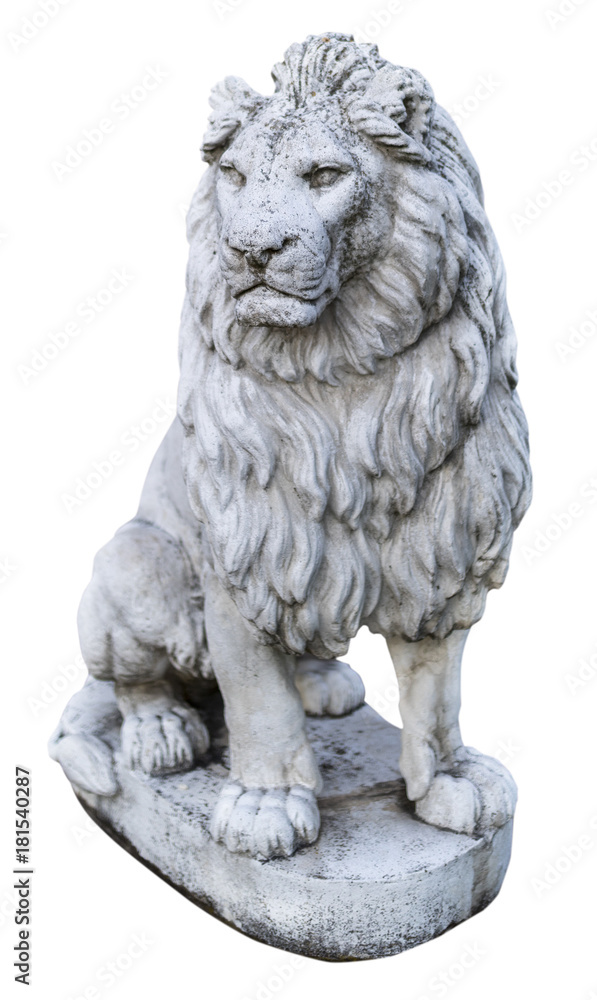 Portrait of a noble and regal male lion stone statue isolated on a white background