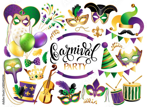 Fototapeta Mardi Gras French traditional symbols collection - carnival masks, party decorations
