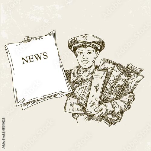 Newsboy holds up a newspaper with the news. Engraving style. Vintage. Vector illustration. photo