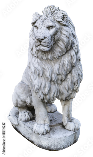 Konstfotografi Portrait of a noble and regal male lion stone statue isolated on a white backgro