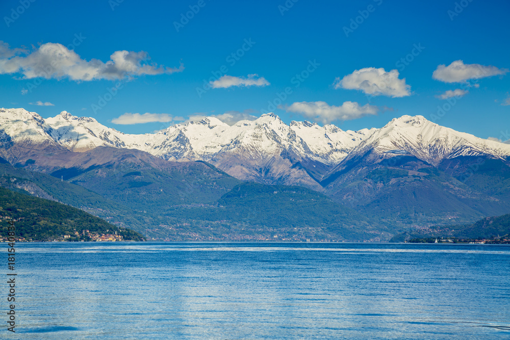 Picturesque view on Lake Como and Alps in Italy
