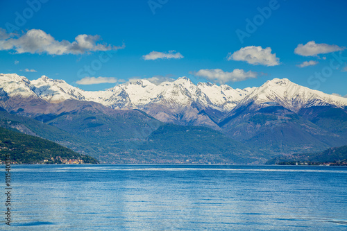 Picturesque view on Lake Como and Alps in Italy