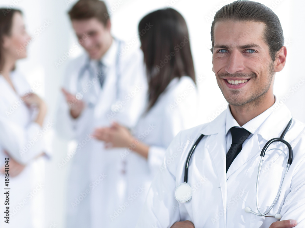 Fototapeta premium smiling doctor therapist on blurred background.
