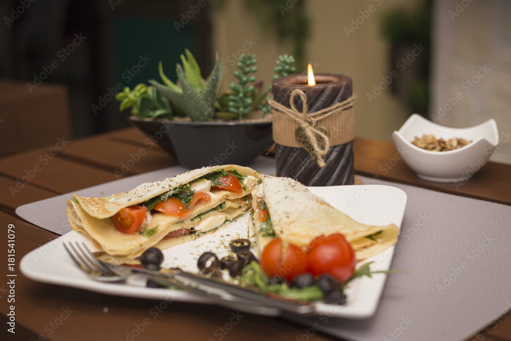 Vegetairan healthy fitness pancakes with vegetables and cheese romantic dinner restaurant