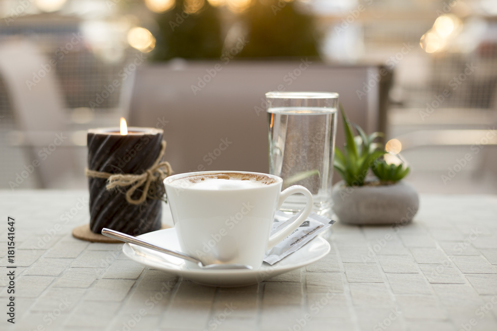 Coffee cream milk in bar romantic candle close top view beans Coffee cream milk in bar romantic candle close top view beans