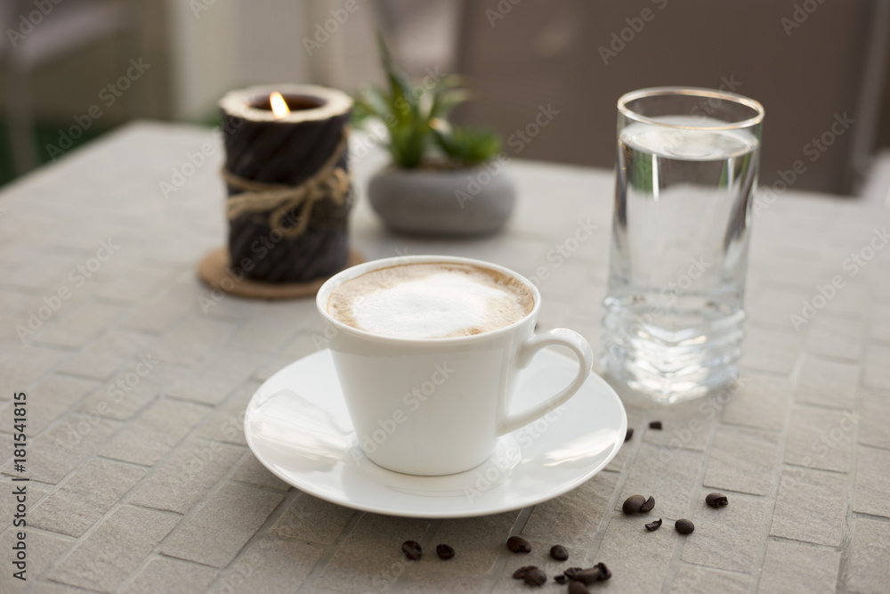 Coffee cream milk in bar romantic candle close top view beans Coffee cream milk in bar romantic candle close top view beans