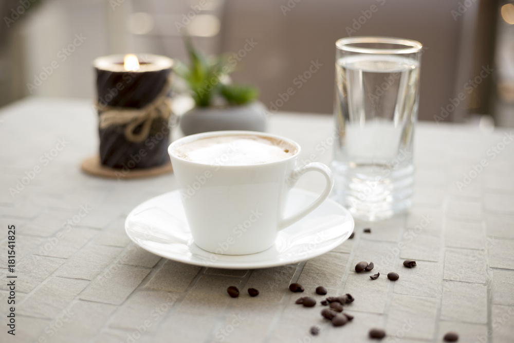 Coffee cream milk in bar romantic candle close top view beans Coffee cream milk in bar romantic candle close top view beans