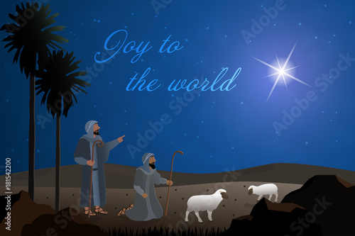 Christmas time. The shepherds in the fields with sheeps. Text : Joy to the world.
