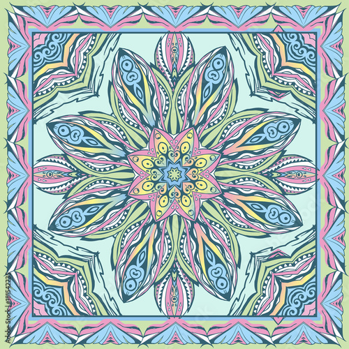 PrintVector ethnic bandanna pattern. Silk neck scarf or kerchief square pattern design style for print on fabric.
