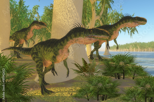 Monolophosaurus Dinosaurs - A group of Monolophosaurus dinosaurs come to a shore to drink and watch for prey in the Jurassic Period.