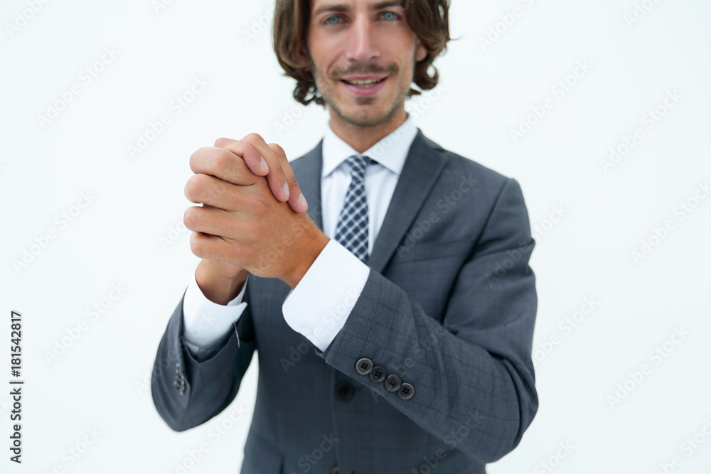 portrait of bearded business man rubbing his hands together portrait of bearded business man rubbing his hands together