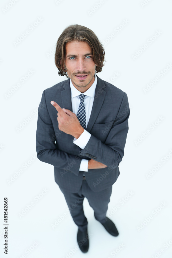 Handsome businessman showing finger point up Handsome businessman showing finger point up