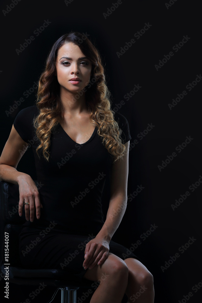 young gorgeous caucasian brunette in dress on chair young gorgeous caucasian brunette in dress on chair