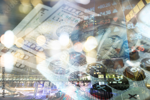 Finance, banking concept. Euro coins, us dollar banknote close-up. Abstract image of Financial system with selective focus, toned, double exposure