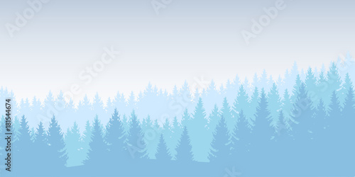Vector illustration of a winter forest in several layers under a blue sky
