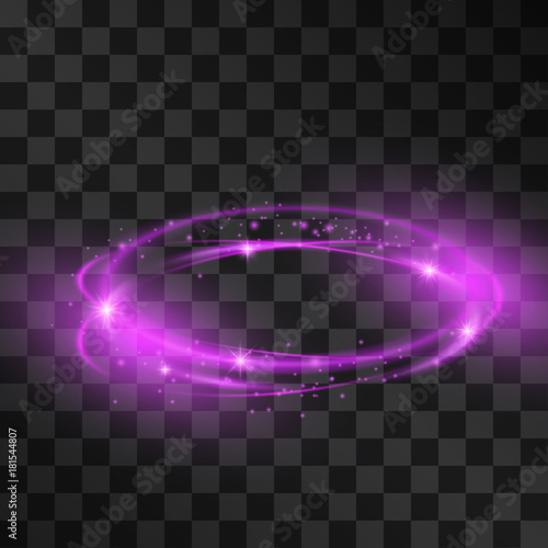 Purple stormy swirls light effect for luxurious products or brands. Neon orbit for beauty goods, modern design, hi-tech gadgets, fashion on transparent background. Magical stardust ring.