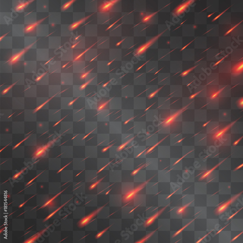Meteorite shower, falling fire sparkles of volcano lava in the sky or armageddon red rain imitation vector light effect on transparent background.