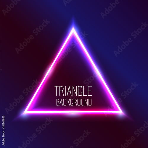 Vector abstract neon triangle light effect background. Glowing decorative effect of luminous geometric shape. Pink and blue gleaming. Illuminating decorative illustration.