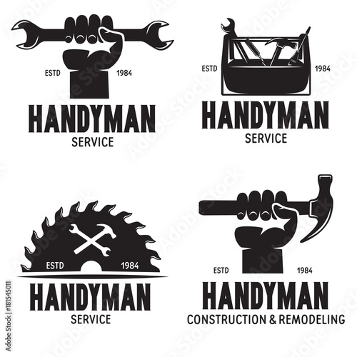 Handyman labels badges emblems and design elements. Tools silhouettes. Carpentry related vector vintage illustration.