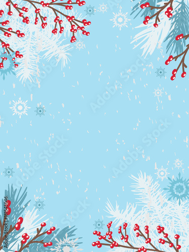 Firs in the snow. Red berries. Drawing. Christmas background. Snowfall.Vector illustration. Eps 10.