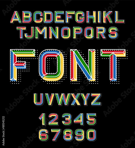 Vector linear font. 80 s retro alphabet font. Color alphabet in retro style for the design of your project. Vector illustration 10.