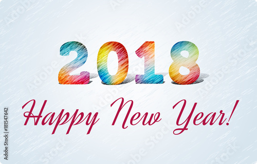 2018 Happy New Year. Joyful 3d Bright figures oblique writing. In the style of colored pencil strokes.