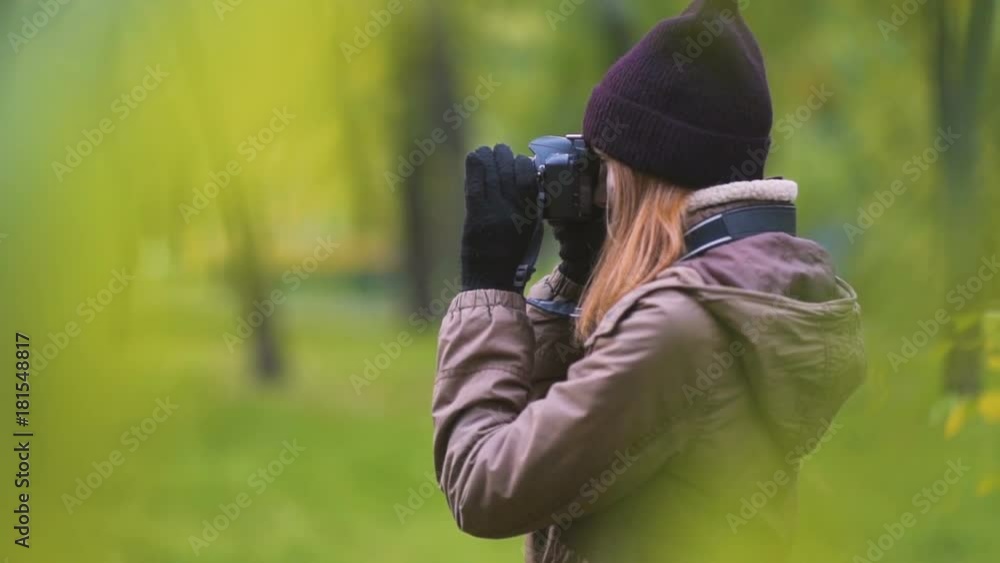 beautiful twoman tourist travel photographer photographing forest at autumn day beautiful twoman tourist travel photographer photographing forest at autumn day