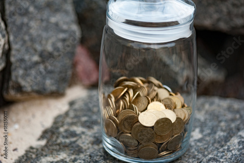 The bottle money with coins standing in the stone. Saving and protect money concept