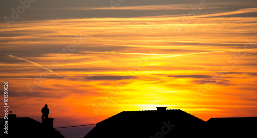 Chimney Sweep on Roof - silhouette