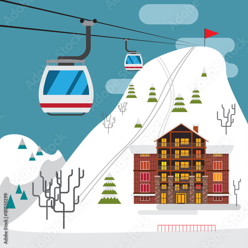 Winter landscape with ski resort, ski funicular and hotels.