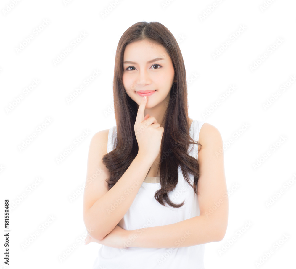 Portrait of beautiful asian woman makeup of cosmetic, girl hand touch mouth and smile attractive, lips beauty perfect with wellness isolated on white background with healthcare concept. Portrait of beautiful asian woman makeup of cosmetic, girl hand touch mouth and smile attractive, lips beauty perfect with wellness isolated on white background with healthcare concept.