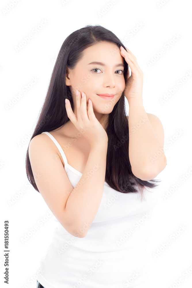 Portrait of beautiful asian woman makeup of cosmetic, girl hand touch cheek and smile attractive, face of beauty perfect with wellness isolated on white background with skin healthcare concept. Portrait of beautiful asian woman makeup of cosmetic, girl hand touch cheek and smile attractive, face of beauty perfect with wellness isolated on white background with skin healthcare concept.