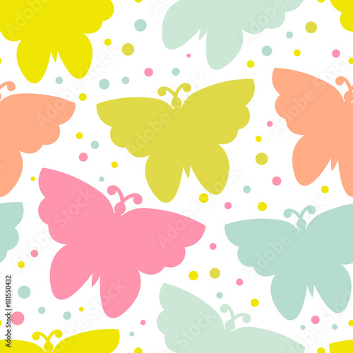 Cute colorful seamless pattern with dots, butterfly on white. Wrapping paper background. Vector illustration.