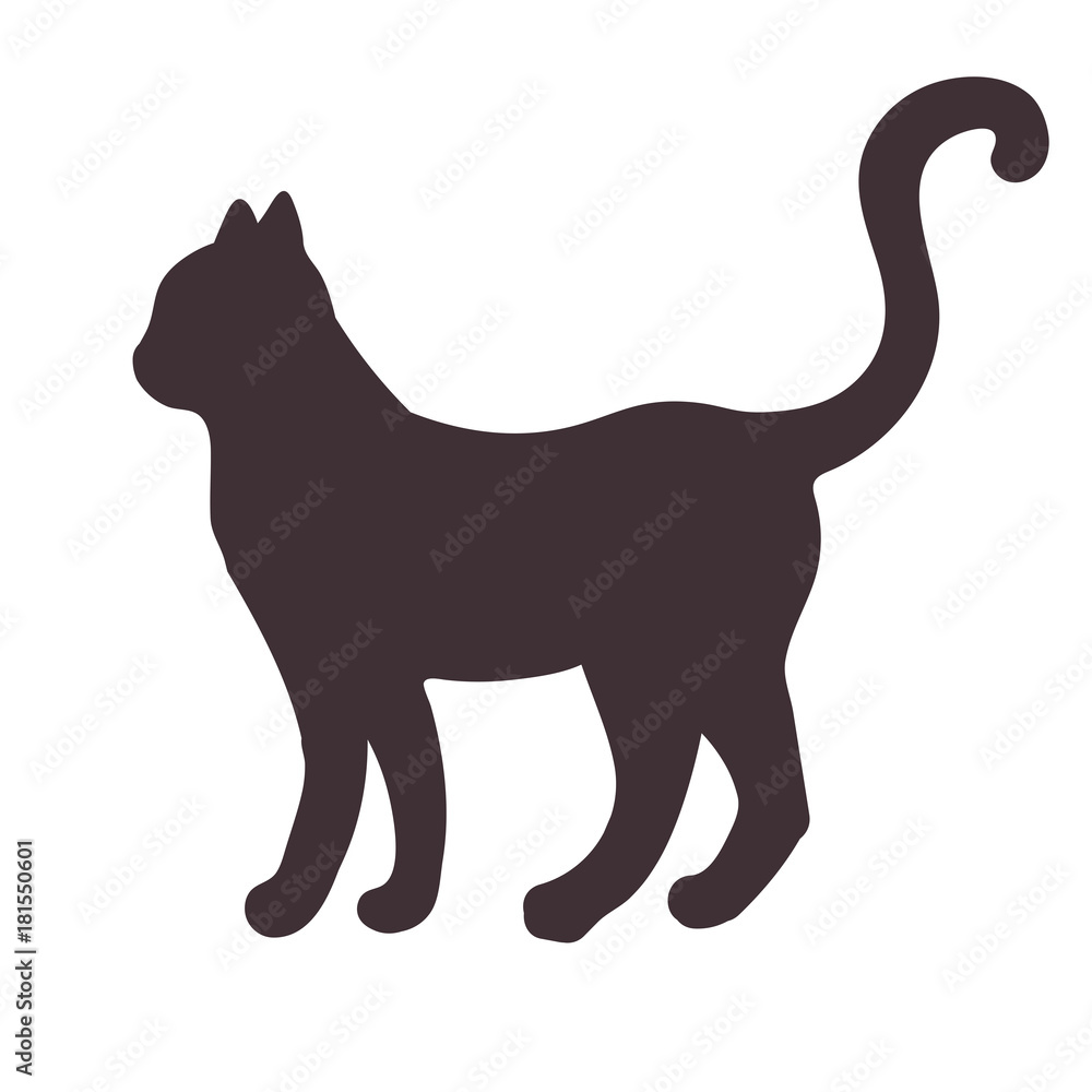 Black silhouette of a standing, walking cat isolated on white background. Vector illustration.