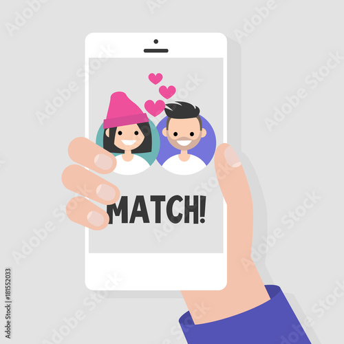 Dating service, mobile application. A hand holding a smart phone. Love and relationships. A couple. Flat editable vector illustration, clip art