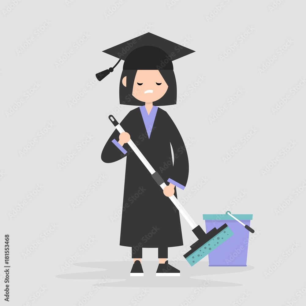 Labor market crisis: a university graduate forced to work at the low-skilled job. Unemployment. Post-graduation problems. Young character wearing an academic robe and hat and moping the floor Labor market crisis: a university graduate forced to work at the low-skilled job. Unemployment. Post-graduation problems. Young character wearing an academic robe and hat and moping the floor