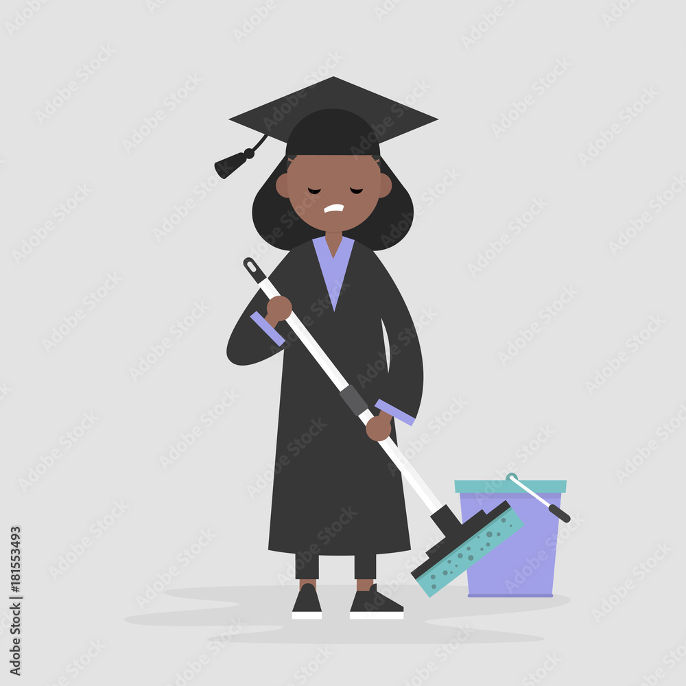 Labor market crisis: a university graduate forced to work at the low-skilled job. Unemployment. Post-graduation problems. Young character wearing an academic robe and hat and moping the floor Labor market crisis: a university graduate forced to work at the low-skilled job. Unemployment. Post-graduation problems. Young character wearing an academic robe and hat and moping the floor