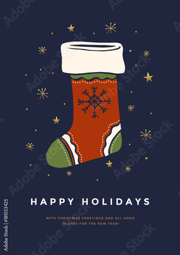 Christmas greeting card with cute Christmas sock and golden stars. Symbol of Merry Christmas and Happy New Year. Template for greeting holiday cards. Vector illustration.