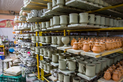 Storage of traditional handmade cups of clay in a pottery  Crete  Greece 