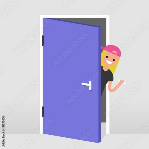 Young girl peeking out from behind the door. Hello or Goodbye hand waving. Welcome home. Flat editable vector illustration, clip art